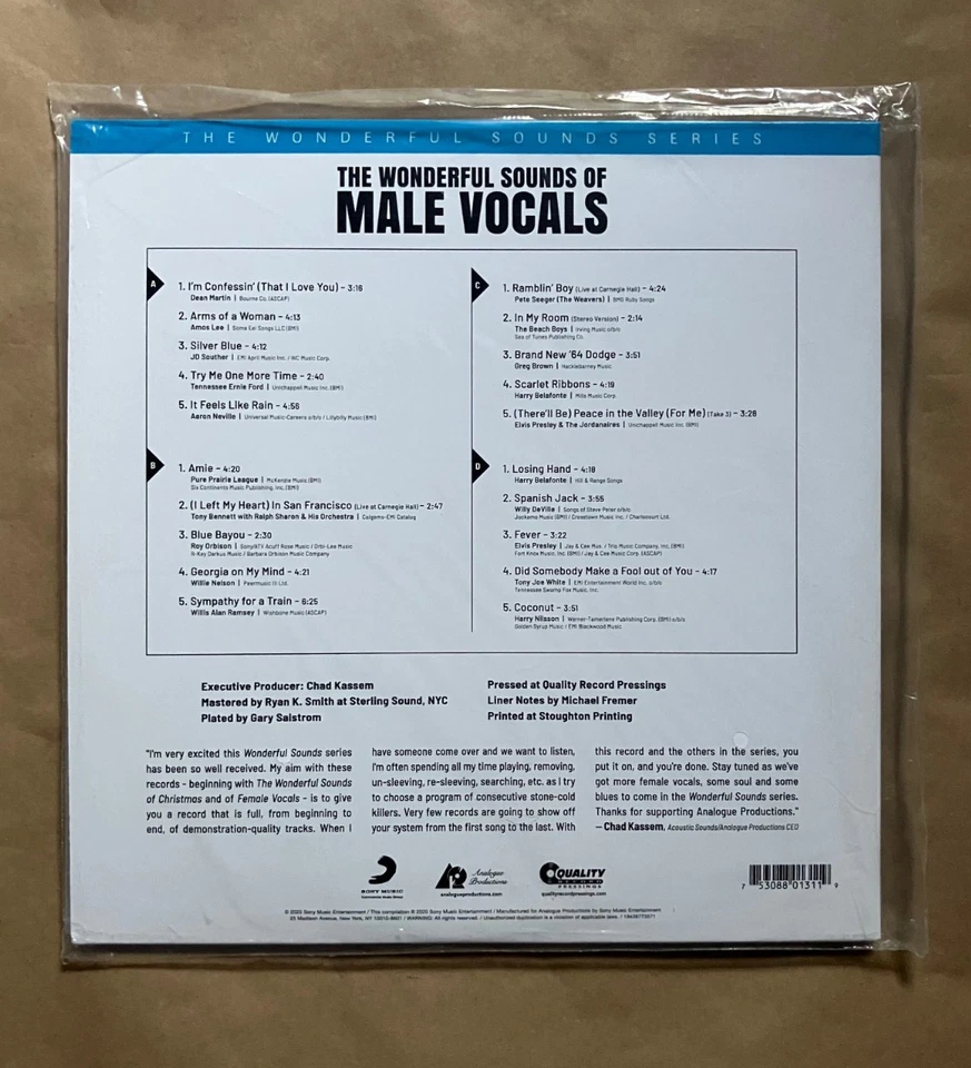 WONDERFUL SOUNDS OF MALE VOCALS 2LP 2020 Analogue Prod 200 Gram Vinyl SEALED QRP - Image 4 of 4
