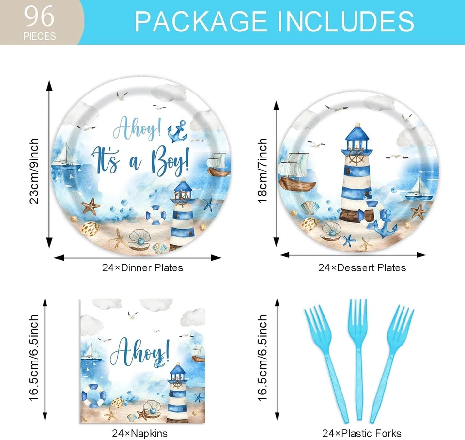 96Pcs Ahoy Nautical Boy Baby Shower Party Supplies, It'S a Boy Blue Marine Sea L Foto 2 de 4