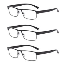 3 Pack Mens Rectangular Metal Frame Classic Reading Glasses Spring Hinge Readers