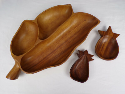 3Pc Serving Bowl Set Solid Wood Hand Crafted w/ Oversize 17'' x 10'' Leaf Bowl c22