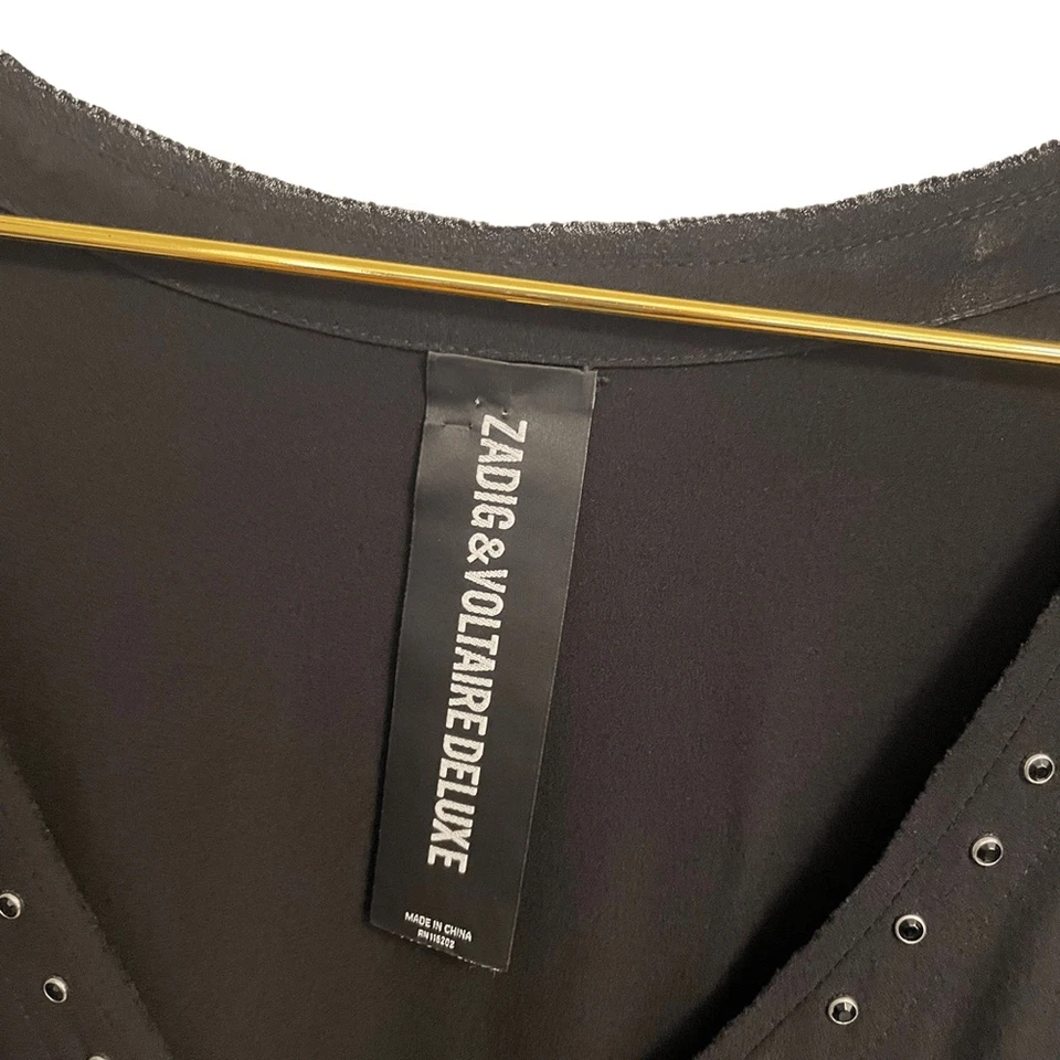 Zadig & Voltaire Deluxe Black Silk Studded V Neck Dress Size MED - Image 3 of 4