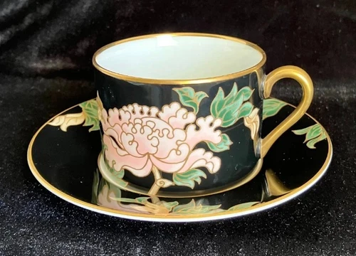 Fitz and Floyd Cloisonne Peony Black Cup and Saucer Set One only
