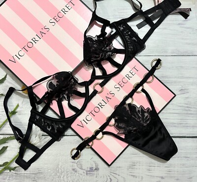 Victoria's Secret Reggiseno Set Foglia Ricamo Aperto Demi Cup Anello Tanga  Nero