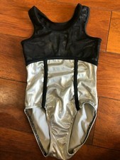girls AXIS GYMNASTICS LEOTARD silver black METALLIC dance CHILDS INT fits sz 8