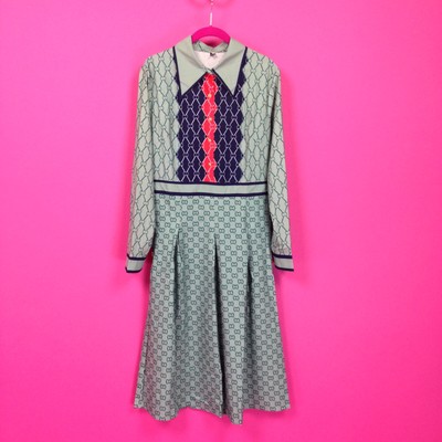 New Long Sleeve Retro Midi Dress Runway Print Logo Signature