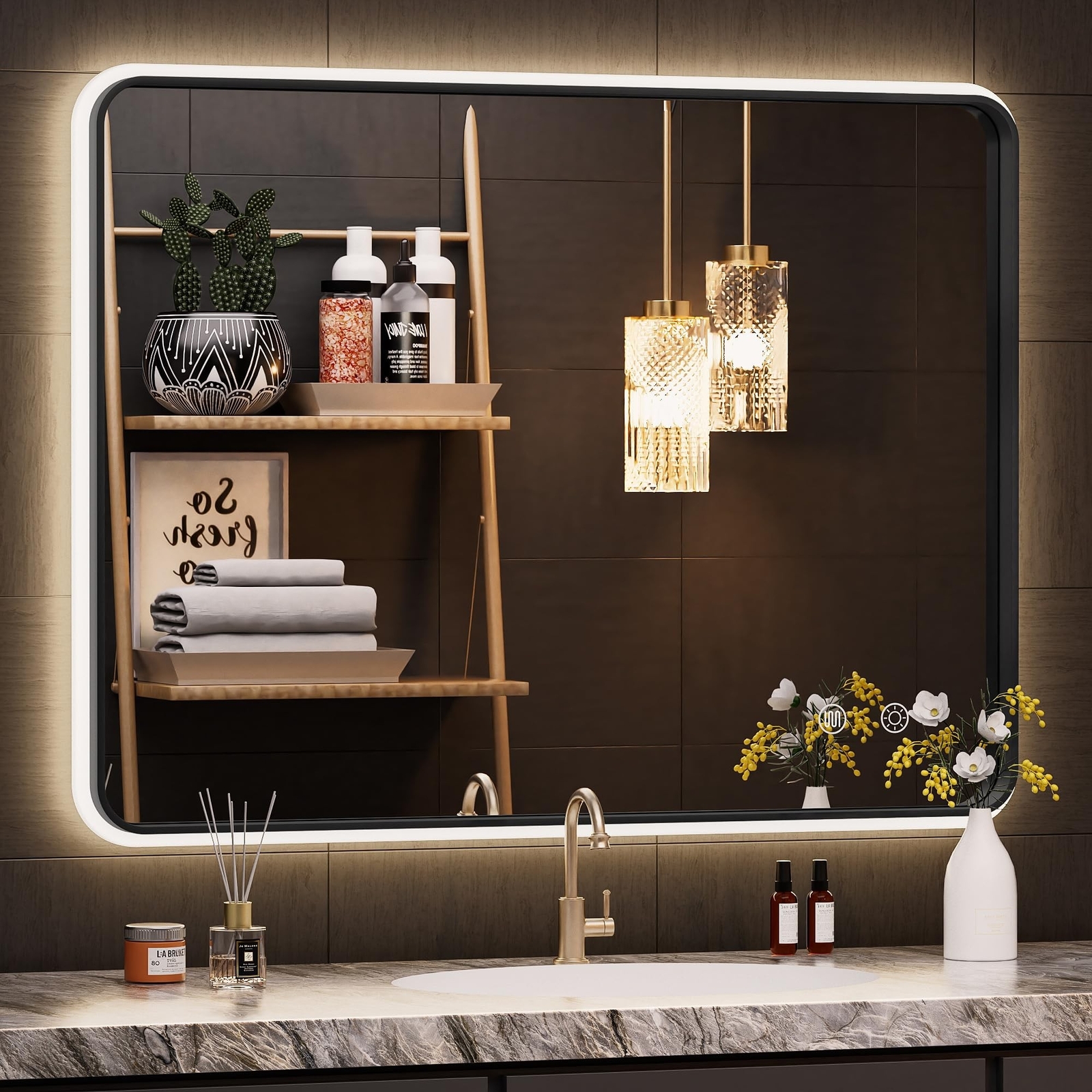 40x30 Inch LED Vanity Mirror with Black Frame and Rounded Corners