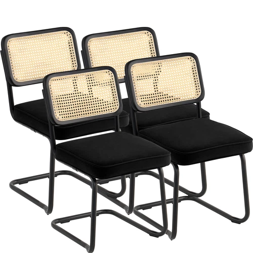 VEVOR 4PCS Dining Chairs Cafe Kitchen Modern Rattan Chairs Velvet Cushion Black