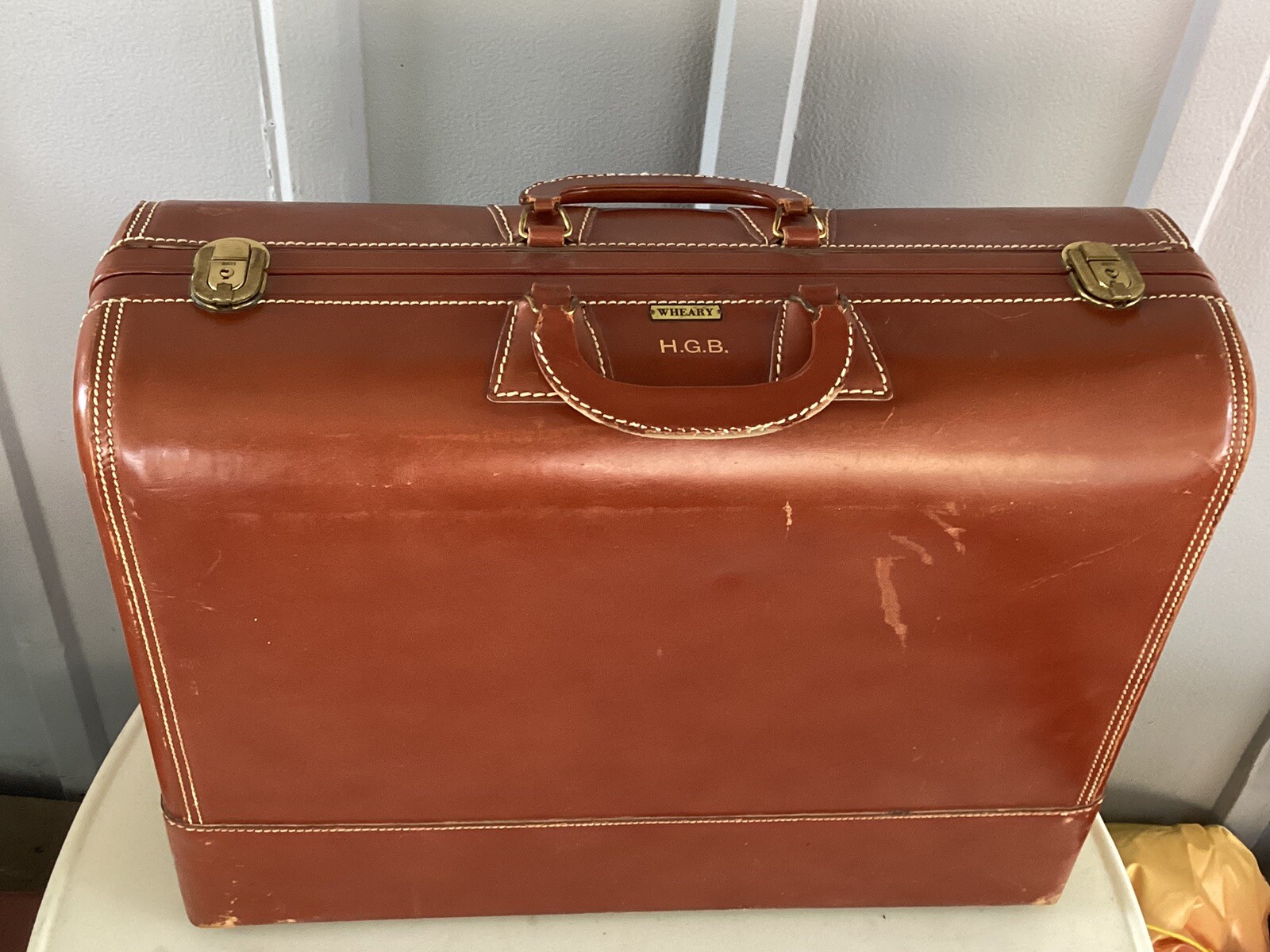 Vintage Wheary The Colonel Leather Suitcase Double Handle W/Jacket