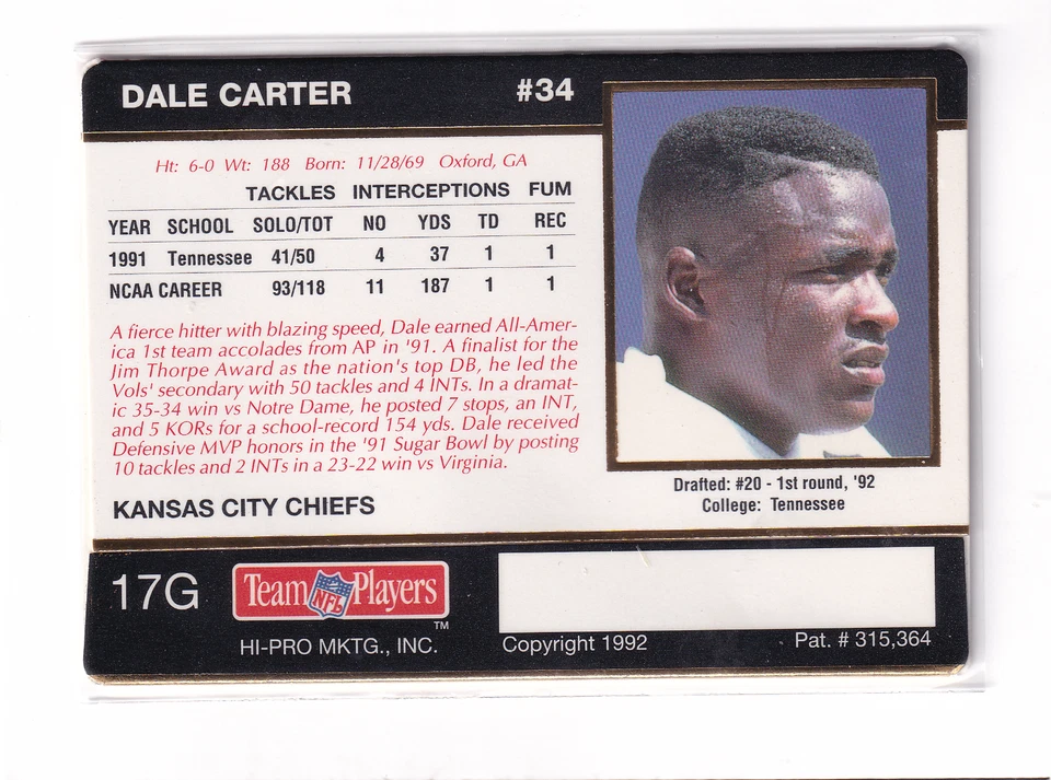 1992 ACTION PACKED ROOKIE 24KT GOLD DALE CARTER KANSAS CITY CHIEFS - Image 2 of 2