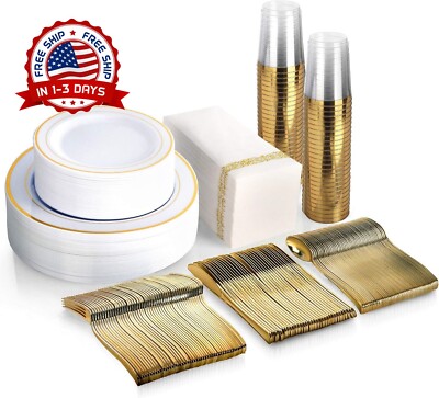 Platos de plástico con borde dorado de primera calidad 350 piezas brillantes NEW