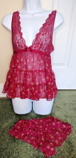 Nwt Victoria's Secret 2Pc Babydoll  Panty Set Burgundy Floral And Lace Size M