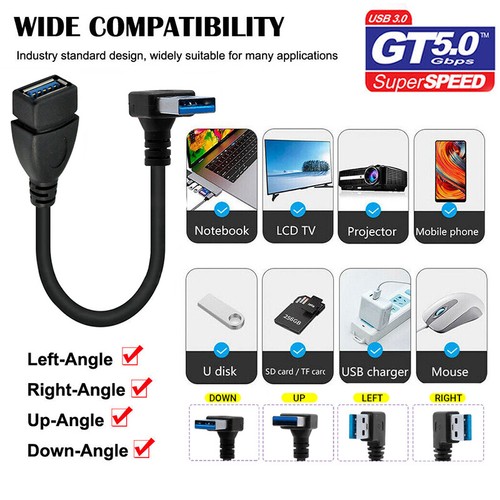 USB 3.0 Type A 90 Degree Left Right Angle Extension Cable Male to Female Adapter - Picture 2 of 17