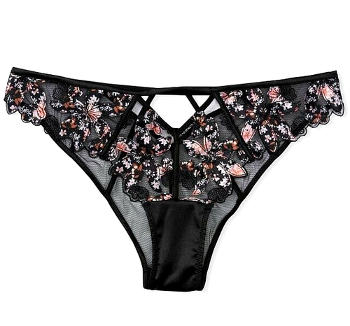 Vcitoria's Secret $44 Very Sexy Black Multi Embroidered Mesh Cheeky Panty XS