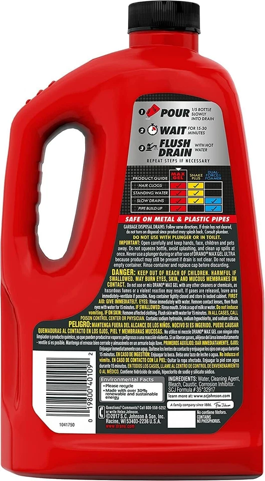 Removedor e limpador de tamanco de drenagem em gel Drano Max para drenos de chuveiro ou pia, 80/160 oz - Imagem 2 de 4