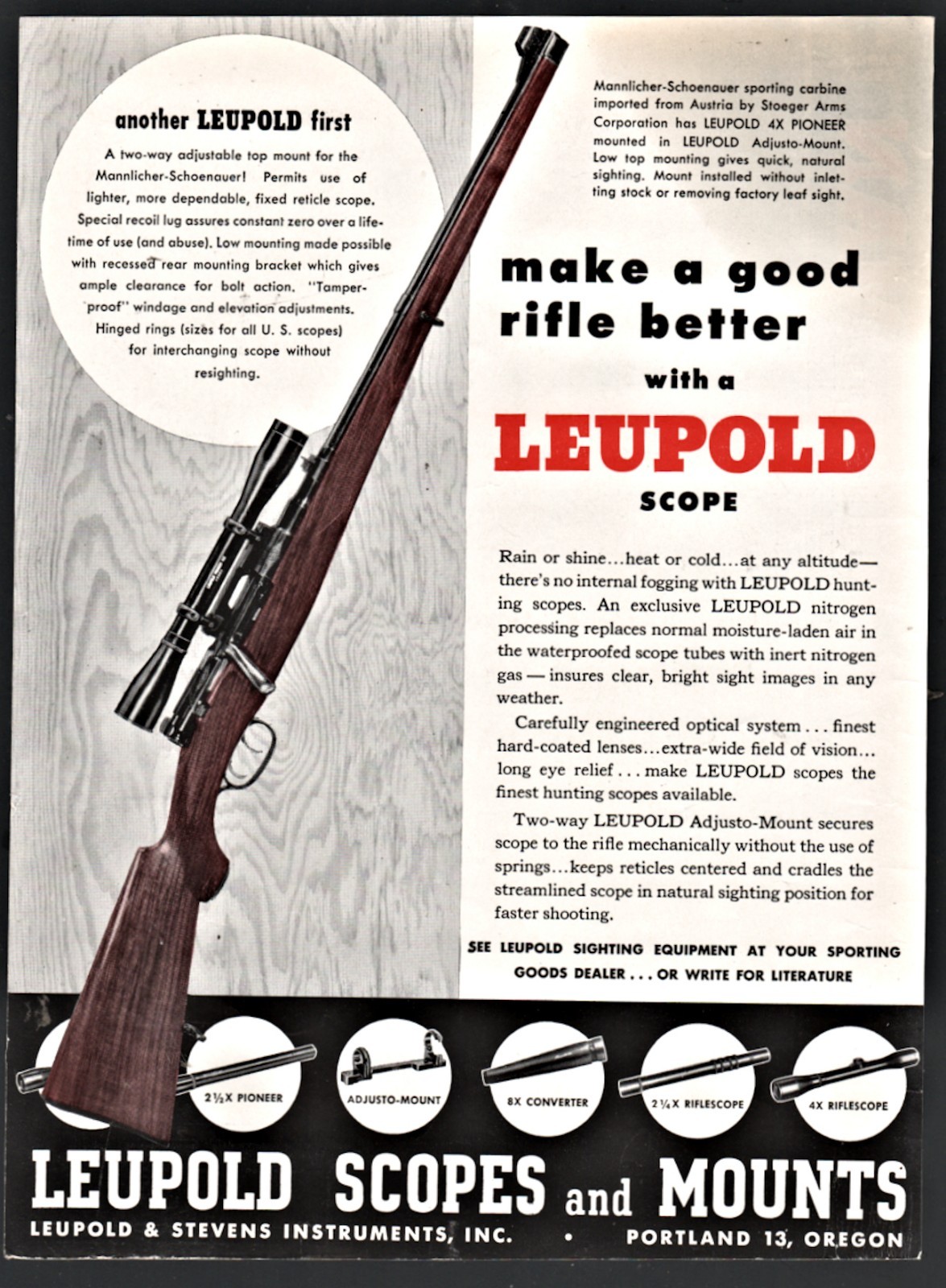 1953 MANNLICHER-SCHOENAUER Sporting Carbine Leupold Rifle Scope PRINT AD