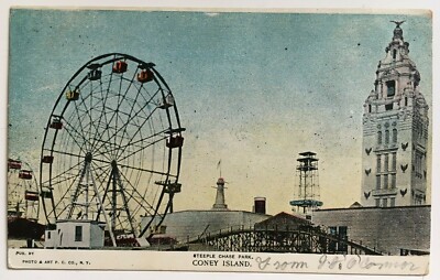NY Postcard Brooklyn Coney Island Steeple Chase Park ferris wheel rides  tower