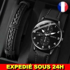 ✅ Montre Bracelet Cuir Homme Ensemble Quartz Noir Cadeau Bijoux Heure GENEVA LOT