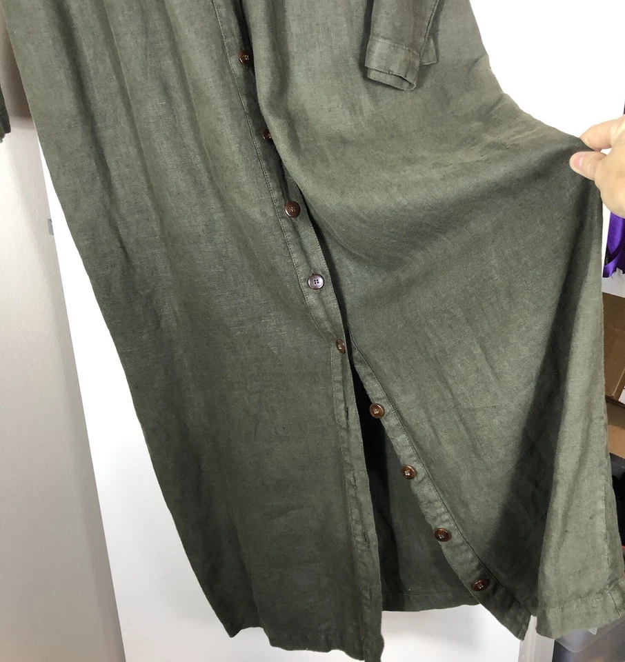 Vestido Kiko Cómodo Ropa 100% Lino Verde Bosque Abotonado Talla L Foto 4 de 4