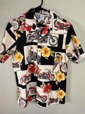 RJC Hawaiian Shirt Motorcycles Floral Black Camp Shirt Mens M