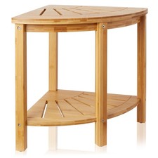 Bamboo Corner Shower Bench with Storage Shelf, 2-Tier Bathroom Spa Stool Seat