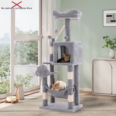 44'' Cat Tree Tower, with Scratch Posts, Condo, Hammock, Toys, Light Gray