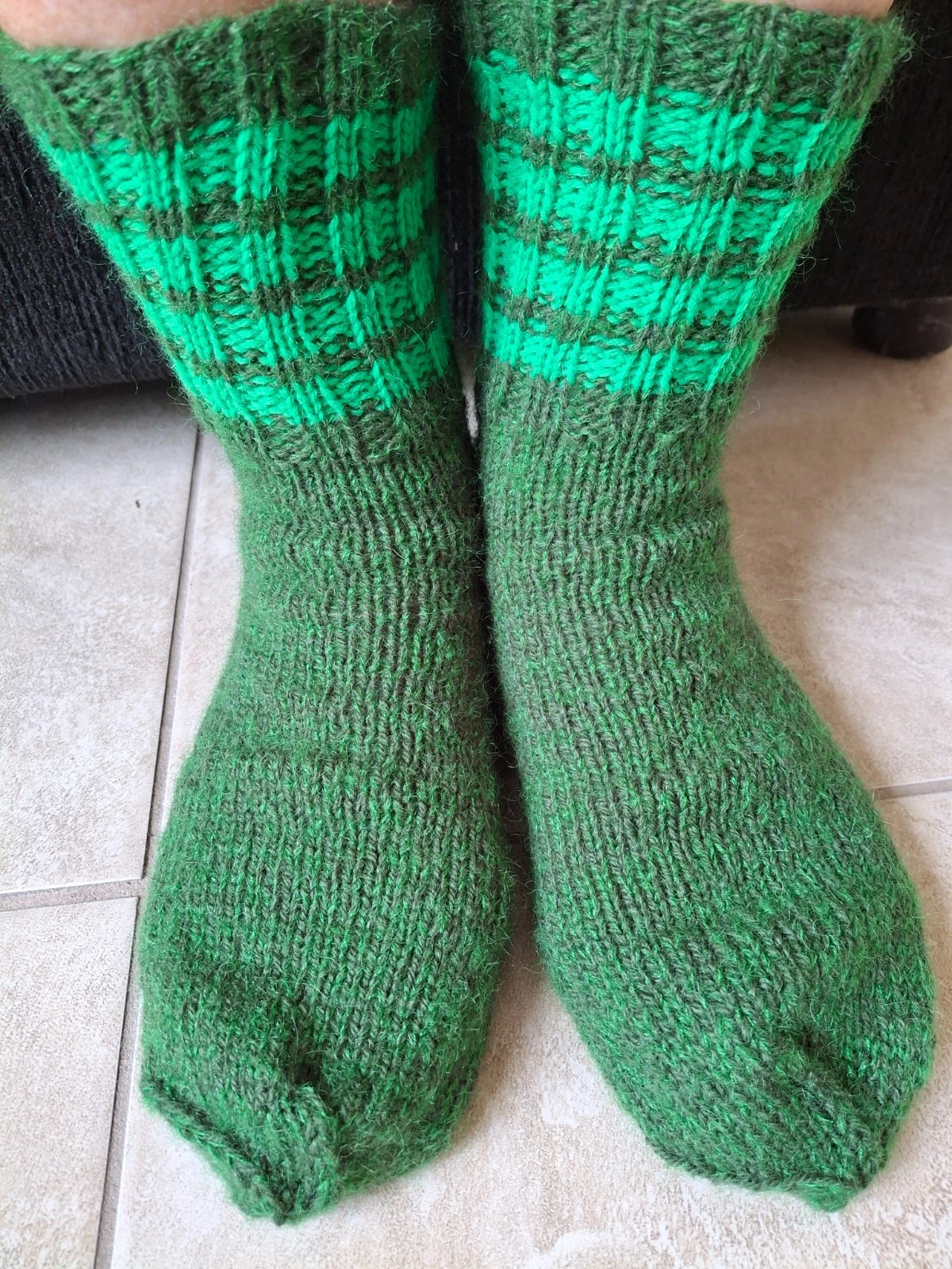 Hand knitted 100% wool/mohair socks, forest green with green, sizes 8-9