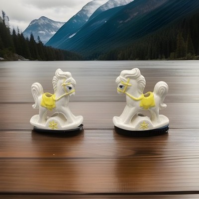 Vintage Lot 2 White Yellow Rocking Horse Figurine Candle Holder Cake Topper