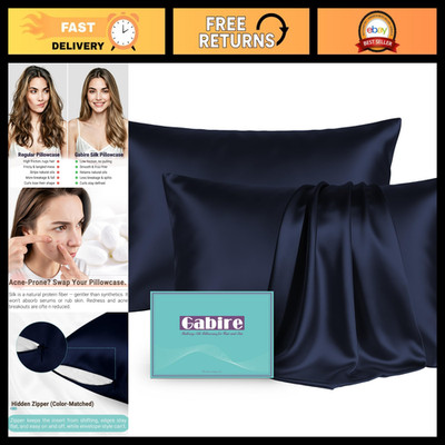 Silk Pillowcases Set of 2 - Real Mulberry Silk for Hair & Skin, Navy Blue, Stand