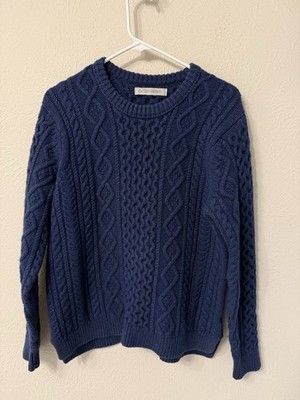 Outerknown men's L wool/ organic cotton cable knit sweater crew navy fisherman