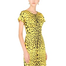 NWT Dolce & Gabbana Yellow Leopard-Print Midi Satin Dress 42 M