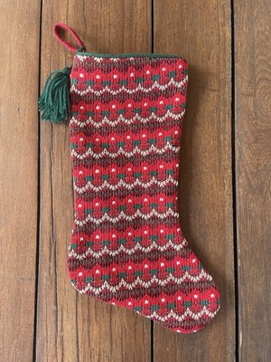 Knitted 17.5'' Christmas Stocking With Tassel Red Green Cream Geometric Stripes