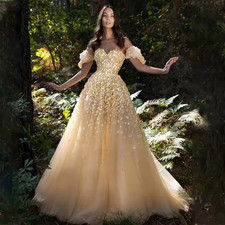 Bright Yellow Short Puff Sleeves Wedding Dresses 3d Flower Lace Sweethart