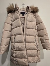 Tommy Hilfiger Beige Quilted Fur Trim Hooded Puffer Coat Women's Size M
