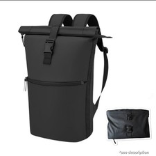 Roll Top Backpack 18-27L Waterproof Travel Bag Fits 17" Laptop, PU Leather Black
