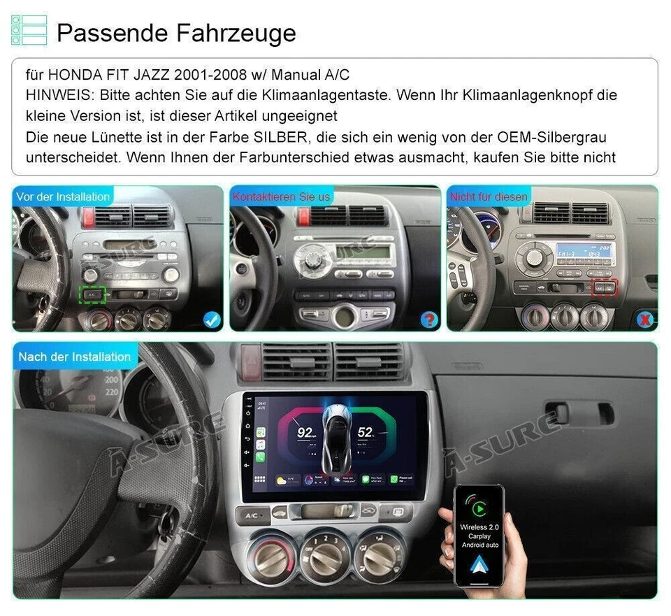 64G Android 14 Autoradio Carplay GPS Navi DAB+ Kamera für Honda Jazz Fit 2001-08 - Bild 3 von 4