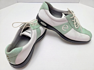 ECCO WOMENS SPIKELESS LEATHER SADDLE GOLF SHOES SZ 39 = 8.5 GREEN & WHITE