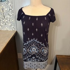 Ann Taylor Loft Navy Blue White Paisley Heart Short Sleeve Dress (Women's XS)