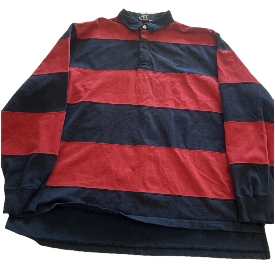 Camisa Polo De Colección Por Ralph Lauren Rugby Talla XL Azul Marino Rojo Rayas Manga Larga Años 90 Poni Foto 2 de 4
