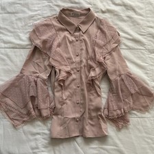 Axes Femme Dusty Pink Tiered Bell Sleeve Tulle Ruffle Blouse Medium Japan