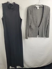 After Dark 2 Piece Long Black A-Line Dress with Silver Metallic Jacket Size 14