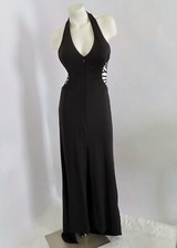 Vtg NB Rony Bodarth Maxi Long Dress Women M Black Rhinestone Halter Train Party