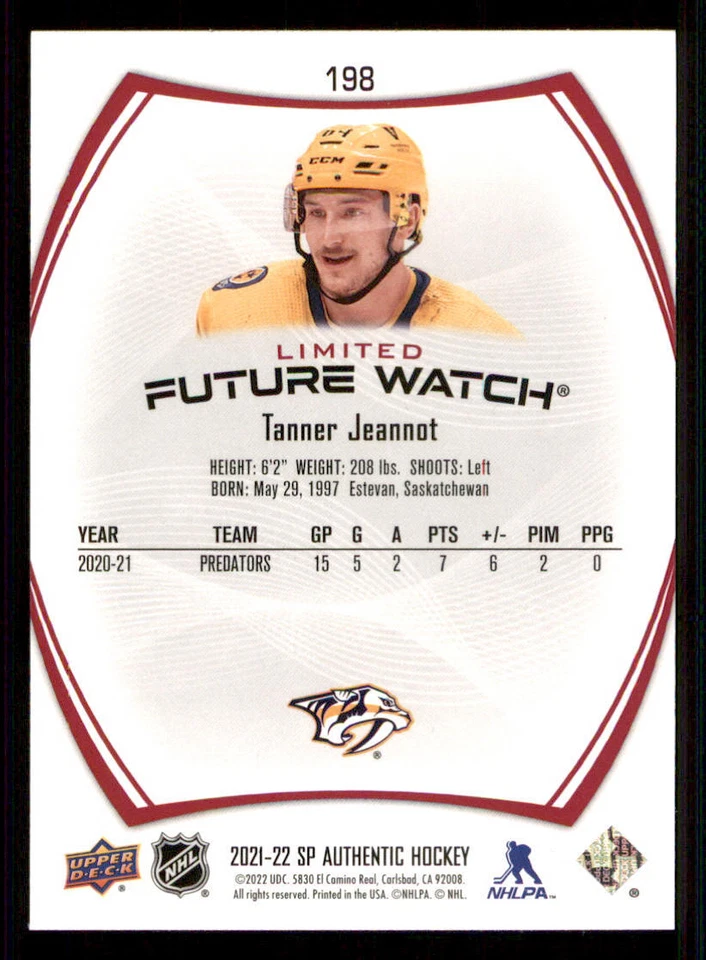 2021-22 SP Authentic Limited Red #198 Tanner Jeannot FW - Image 2 of 2