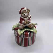 FITZ & FLOYD PEPPERMINT TEDDY BEAR LIDDED BOX.~6-1/2" TALL~CANDY CANE INSIDE 