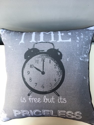 CATHERINE LANSFIELD TIME IS PRICELESS C/C IN GREY & WHITE 17”x17”(43 x 43 Cm). - Picture 3 of 5