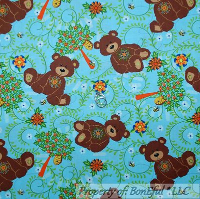 BonEful Fabric FQ Cotton Quilt VTG Blue Bear Flower Country Bumble Bee Hive Tree