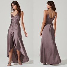 NEW ASTR The Label DUSTY MAUVE Amalia RUCHED Satin RUFFLE Cocktail MAXI DRESS S