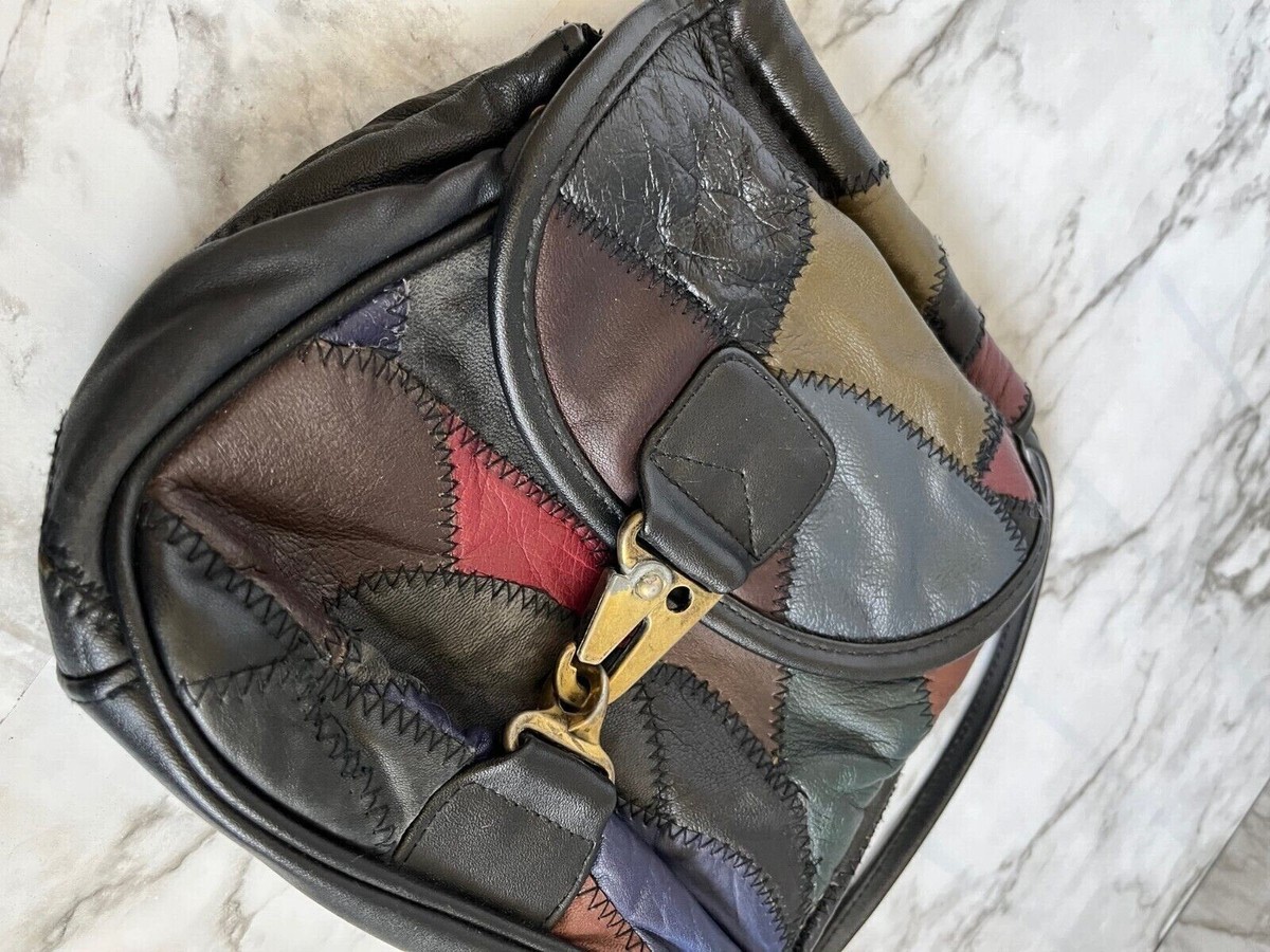 Vintage 80s 90s Leather Black Multi Color Patchwork Small Vintage 80s 90s Leather Black Multi Color Patchwork Small