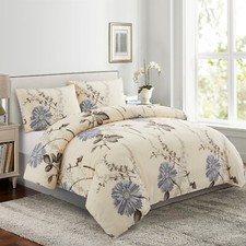Printed Bamboo Duvet Cover Fitted Sheet Bedding Set, Blue Floral Twin Size