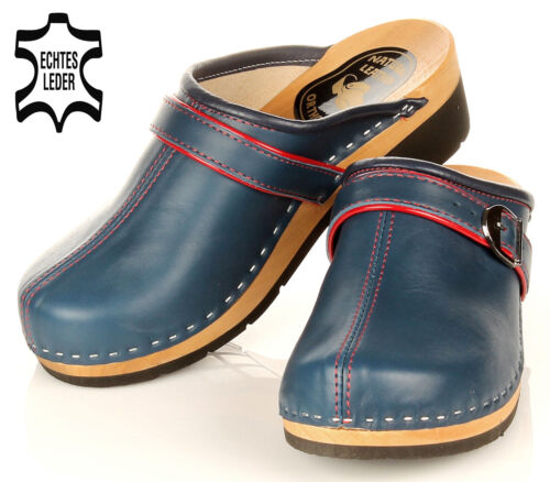 Holzschuhe Damen Leder Holz Clogs in blau in Gr. 36-41 Gummisohle cloque - Foto 1 di 12