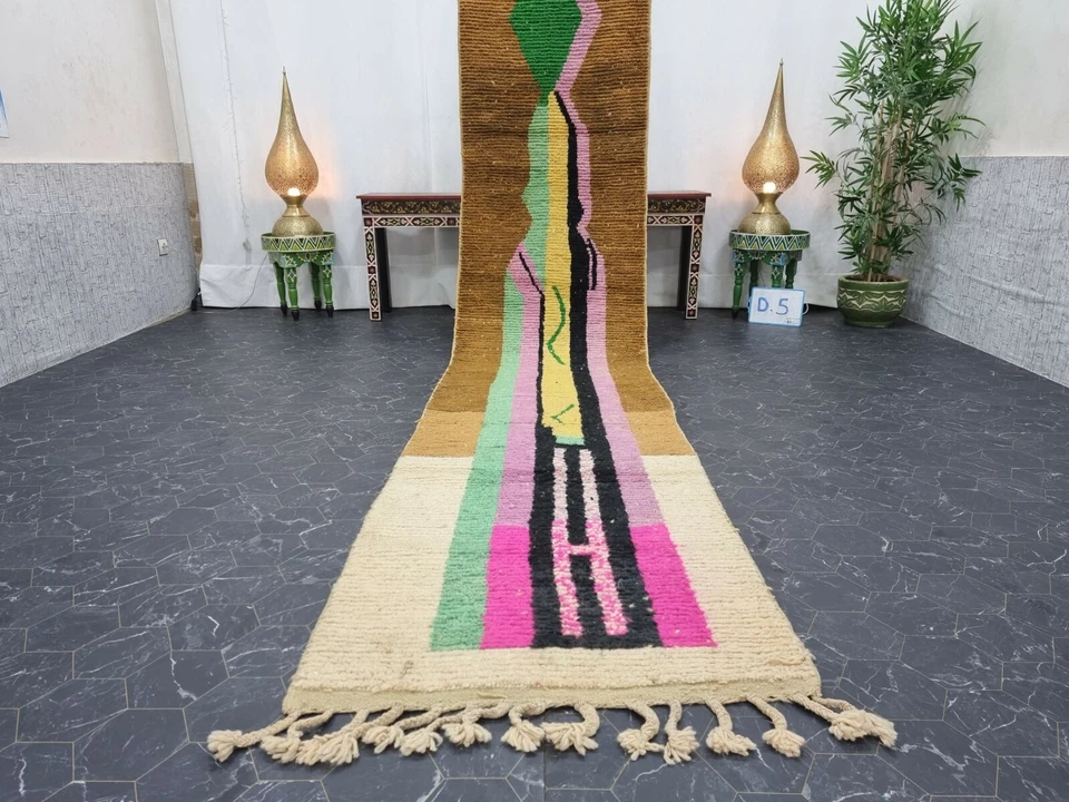 Alfombra Marroquí Boujaad Hecha a Mano 2'7"x13'4" Beréber Abstracto Marrón Amarillo Lana Alfombra Foto 3 de 4